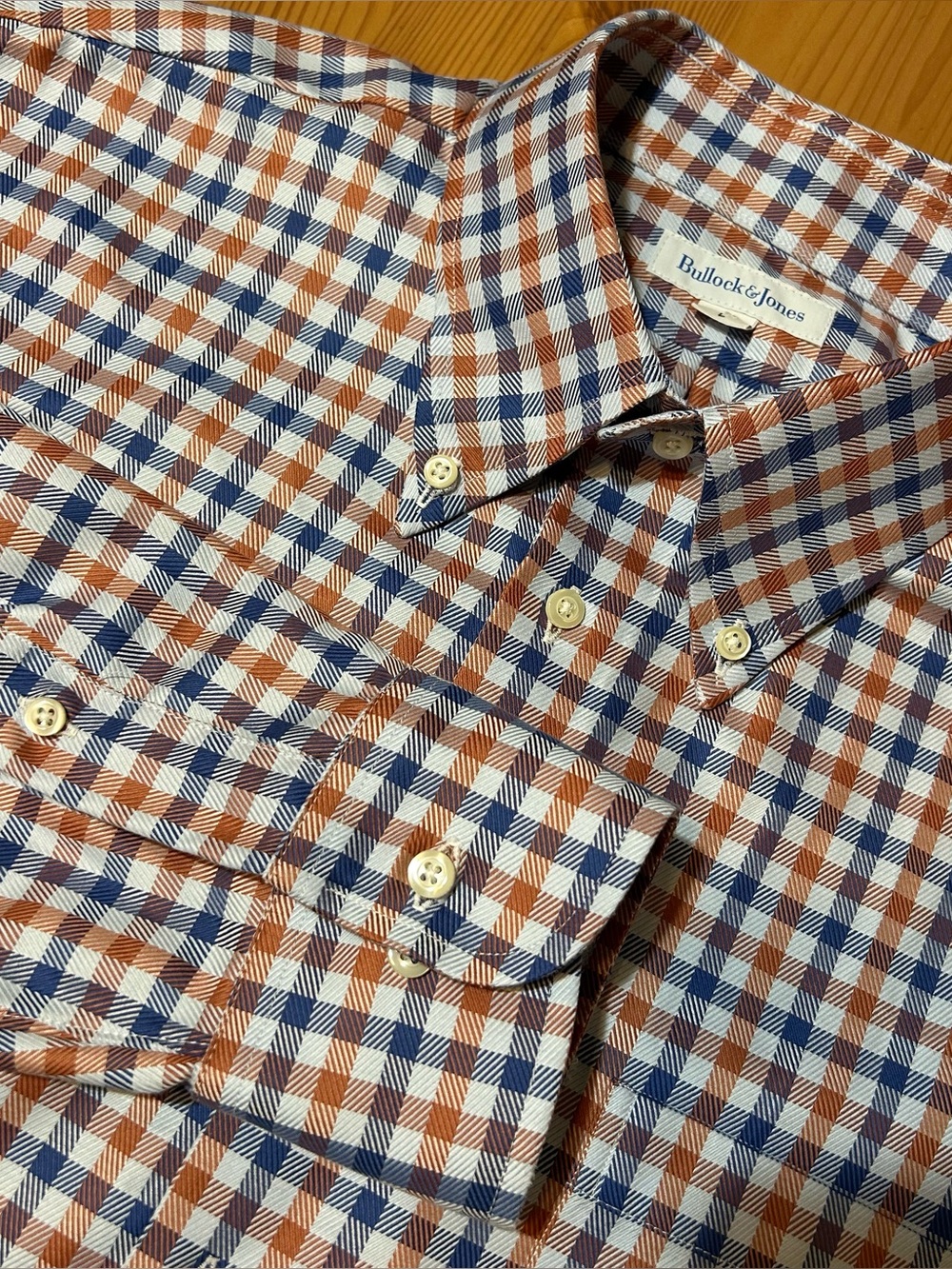 Bullock & Jones Long Sleeve Buttondown Shirt Gingham Orange Navy Preppy Size L